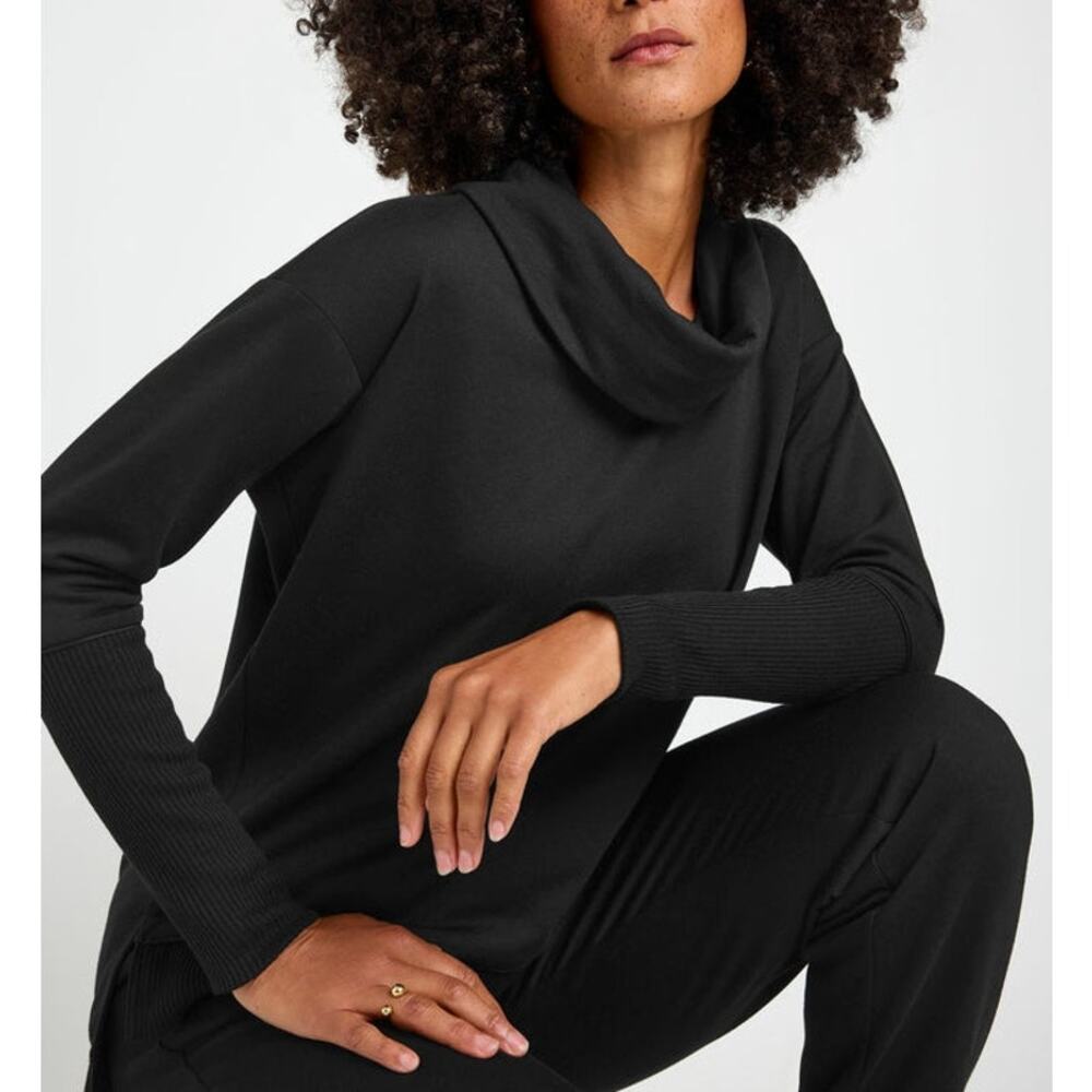 Splendid Waffle Knit Cowl Neck Tunic Top Long Sleeve Size XS Black Quiet Luxury